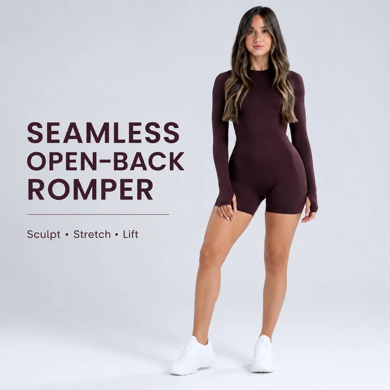 Women's Seamless Long Sleeve Short Length Sculpting Bodysuit - Female Gym Training Onesie with Thumb Holes, Tummy Control, Moisture-Wicking Tech, Bodysuit Cut for Pilates - All Seasons Sports Clothing