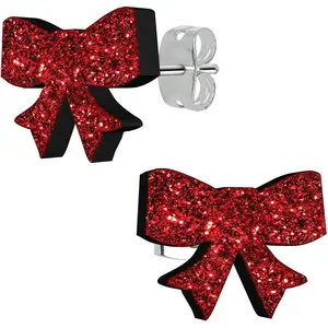 Ruby Red Glitter Ribbon Bow Stud Earrings