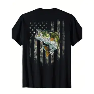 Men's American Flag Camo Fishing T-Shirt - Bass Jumping Fish & Camouflage Design with Stars, Retro Short Sleeve Round Neck Tee, All-Season Comfort Fit Suitable for Outdoor Activities, Fishing Trips, Casual Wear, Machine Washable