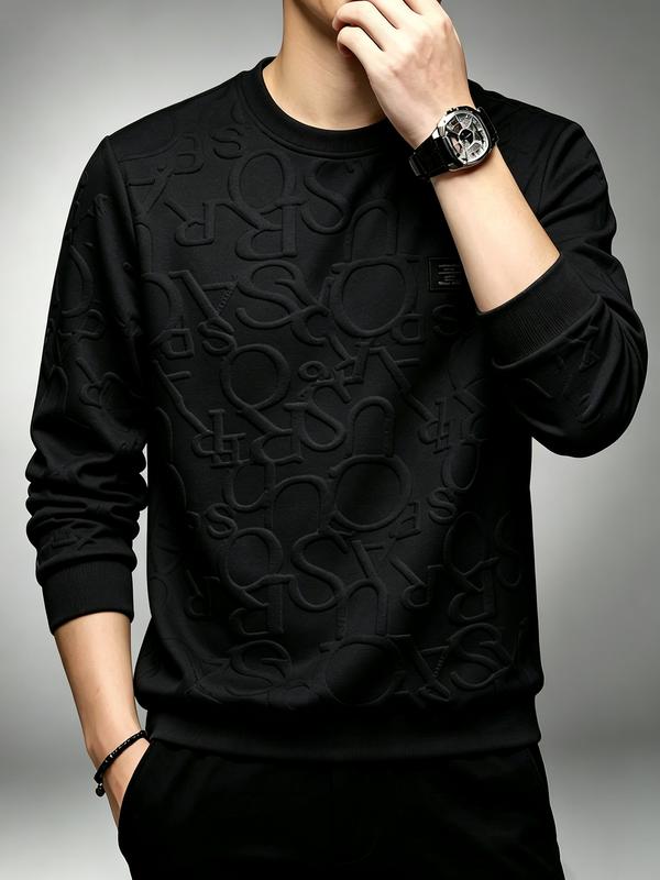 Men's 3D Embossed Letter Crew Neck Sweatshirt Casual Loose Long Sleeve Pullover Tops