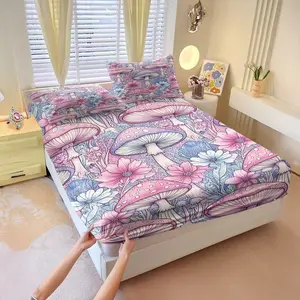 Watercolor-Print Dreamy Mushroom and Floral Print Fitted Sheet Set ,Soothing, Forest-Themed Bedding Set, Full of Fairytale-Like Romantic Atmosphere. Durable Soft Bedding,for Room Decoration. 3Pcs Includes 2 Pillowcases (without Pillow Inserts)
