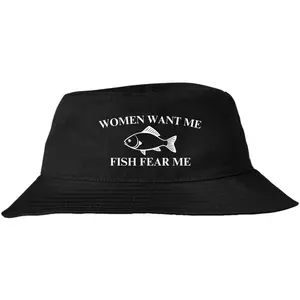 Women Want Me Fish Fear Me Embroidered Bucket Hat Funny Fishing Meme Angler Outdoor Fisherman Cap