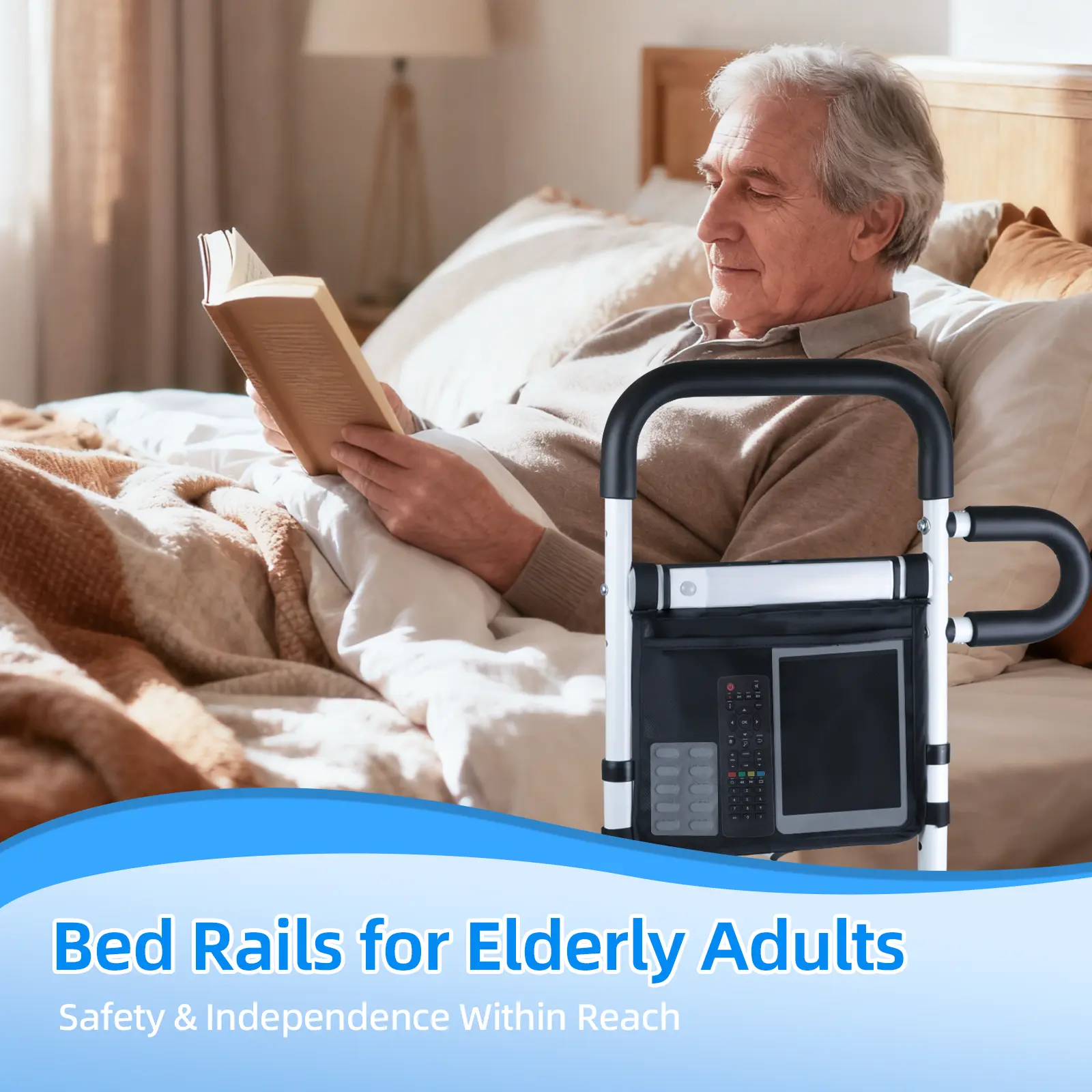 ZEX014-V4 Bed Guard Rail for Elderly Adults - Cushioned Portable Rail, Adjustable Height, Motion Sensor LED Light, Convenient Storage Pocket, 330 Lbs Capacity, Hardware-Free Quick Installation, Fold-Flat Design, Bedroom Safety Solution