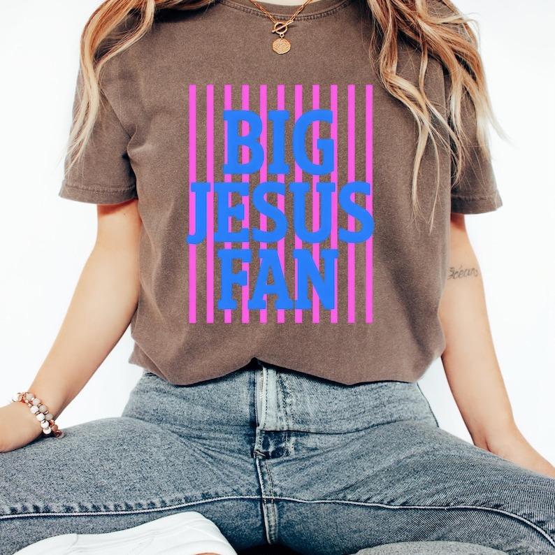 Comfort Colors Big Jesus Fan T-Shirt, Preppy Christian Striped Tee, Faith Inspirational Shirt, Religious Gift for Women
