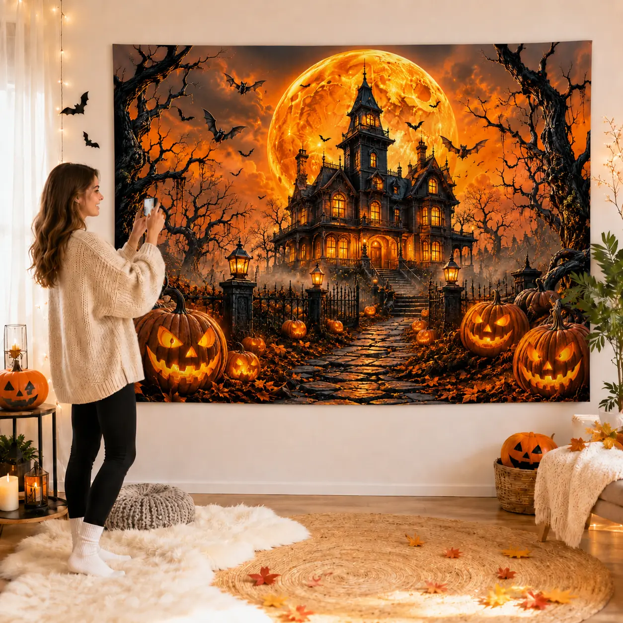 Halloween Gothic Castle Tapestry Backdrop, Pumpkin Moon Mansion Wall Hanging Decor, Fall Party Photo Background for Bedroom Living Room