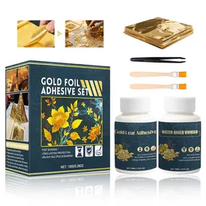 Leaf Sheets for Art Gilding Adhesive Set 50ml Water Based Metal Leaf Glue and 50ml Protective Varnish,  Foil Sheets 50 count for Painting, Furniture and Decoration
