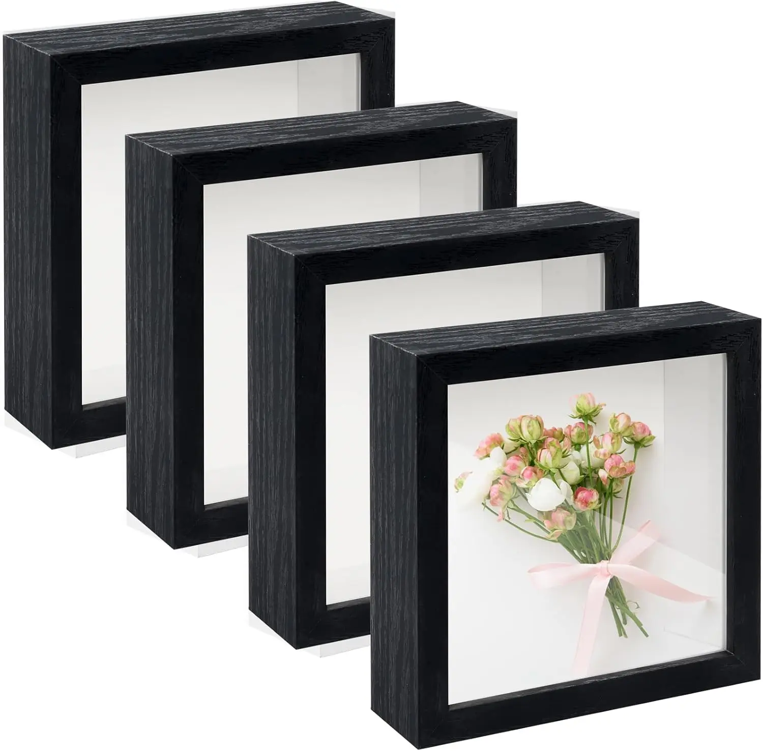 4 Pack 5"x5" Wood Deep Shadow Box Frame Display Cases - Synthetic Decor Gift for Photos, Dried Flowers, Handicrafts - Wall & Tabletop Black Picture Frames