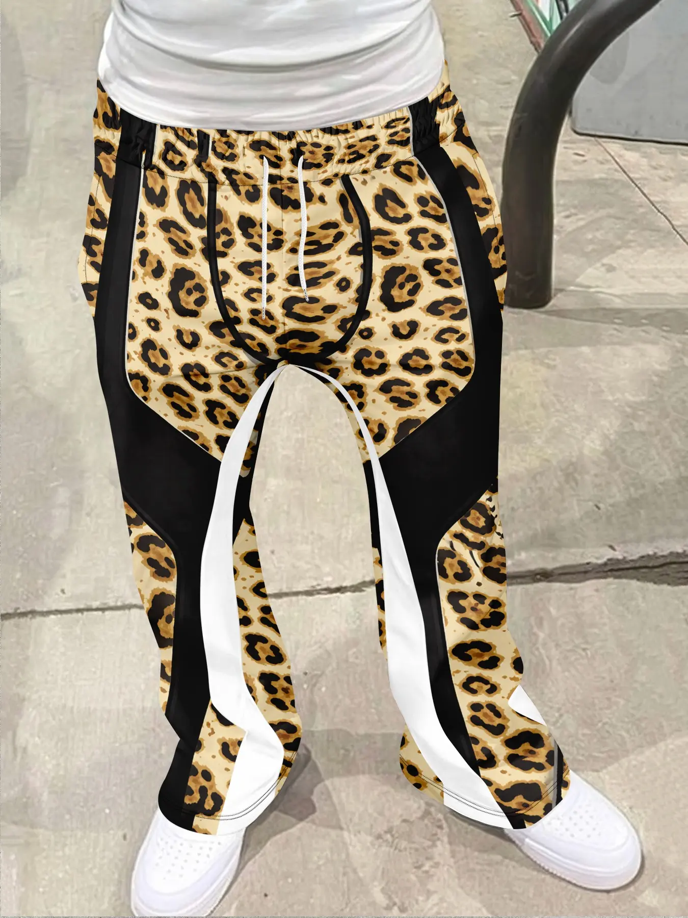 Men's Fashionable 3D Print Geometric Bell Bottom Trouser Pants, Loose Casual Pocket Drawstring, Sporty Streetwear, Hip Hop Vintage Long Pants, Menswear