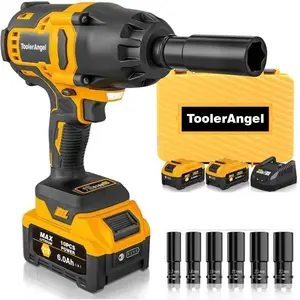 ToolerAngel 1/2-Inch Cordless Impact Wrench, 1000 Nm (737 ft-lbs) High-Torque Wrench, 20V 2000 RPM Brushless Motor, 2x 6.0Ah Lithium-Ion Batteries, Charger & 6 Sockets, Brushless Power Wrench