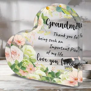Flower Pattern Acrylic Heart Shaped Ornament, Grandma Gift, Thank You Gift for Grandma, Desk Signs Ornaments for Table Tops, Heart Plaque, Acrylic Plaque Decor, Home Decoration
