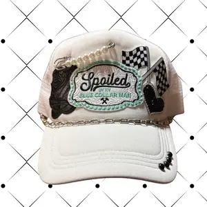 Trucker Hat with Embroidered Patch and Chain Detail Spoiled by an Blue Collar Man Design