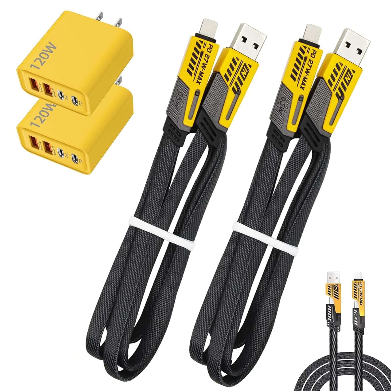 2 PCS Portable Fast Charger, Type C/USB A Dual Ports Adapter, 4 in 1 Fast Charging Cable & Data Sync, 120w Fast Chargers, 1.5m Flat Braided, for iPhone, Ipad, and Airpods