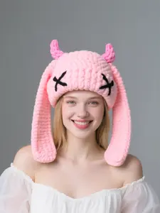 1pc Cute Women's Hat Autumn Winter Warm Fleece Reversible Plush Hat Pink Little Devil Horns Knit Hats