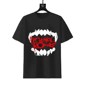 My Chemical Romance White Vampire Fangs Red Blood Drip Letter Graphic T-Shirt, Emo Punk Rock Vintage Cotton Short Sleeve Tee, Gothic Band Fan Street Casual Top