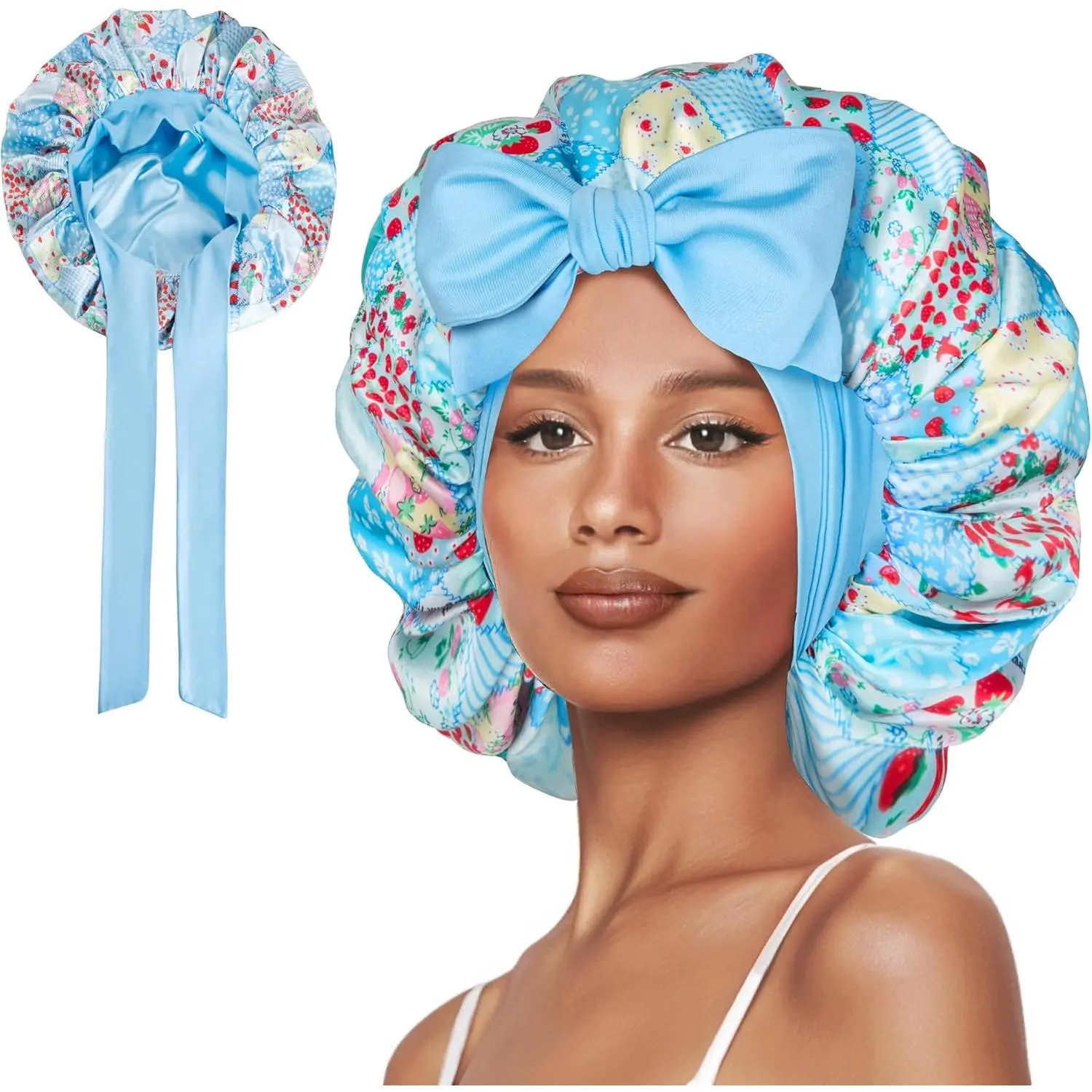 Women's Double Layer Silk Sleeping Bonnet with Tie, Satin-Lined Haircare Sleep Cap for Curly Hair (Shower Cap for Home & Bathroom Supplies)