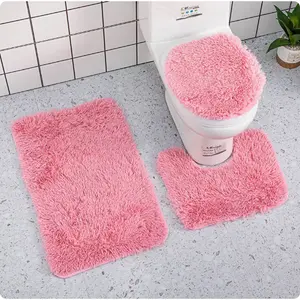 Eanpet Pink Bathroom Rugs Sets 3-Piece Bath Mat Solid Bath Rug Floor Mats Washable Shower Rug with U-Shaped Contour Rug Toilet Lid Cover Soft Clay Absorbent Cozy Minimalist Design