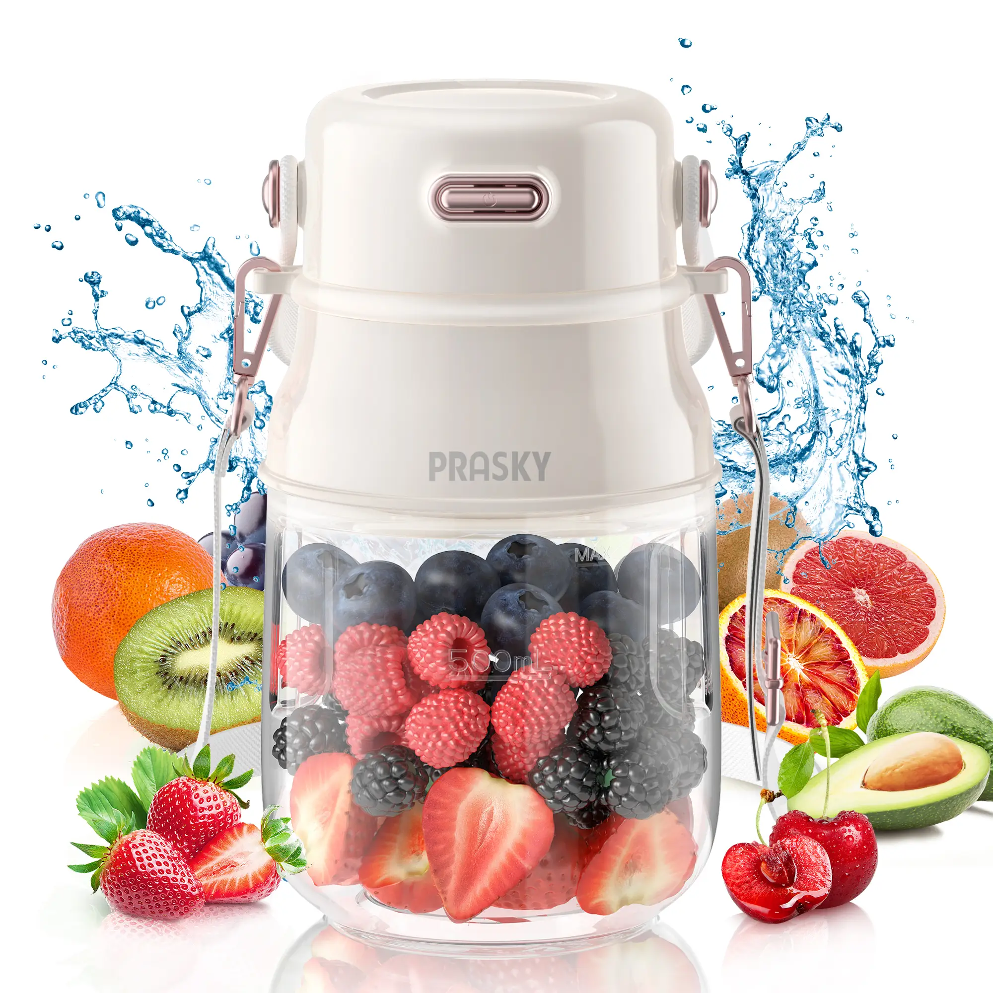 Prasky Portable Blender, Personal Blender for Shakes and Smoothies with 27oz Cup, Lid and Shoulder Strap, Type-C USB Rechargeable, Dishwasher Safe Par