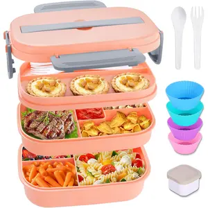 Bento Box Adult Lunch Box, Stackable Bento Lunch Container for Adults Kids, 3 Layer Portable Lunch Containers with Utensils, Sauce Jar, Muffin Liners, 63oz, Microwave & Dishwasher Safe, Pink