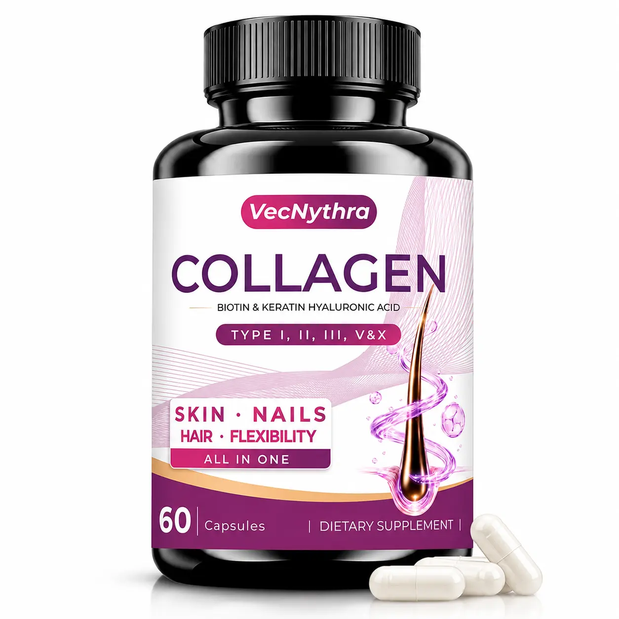 Multi Collagen Capsules, Types I, II, III, V & X with Vitamin C, Biotin, Hyaluronic Acid and Elastin Peptide, 60 Capsules, 30 Servings