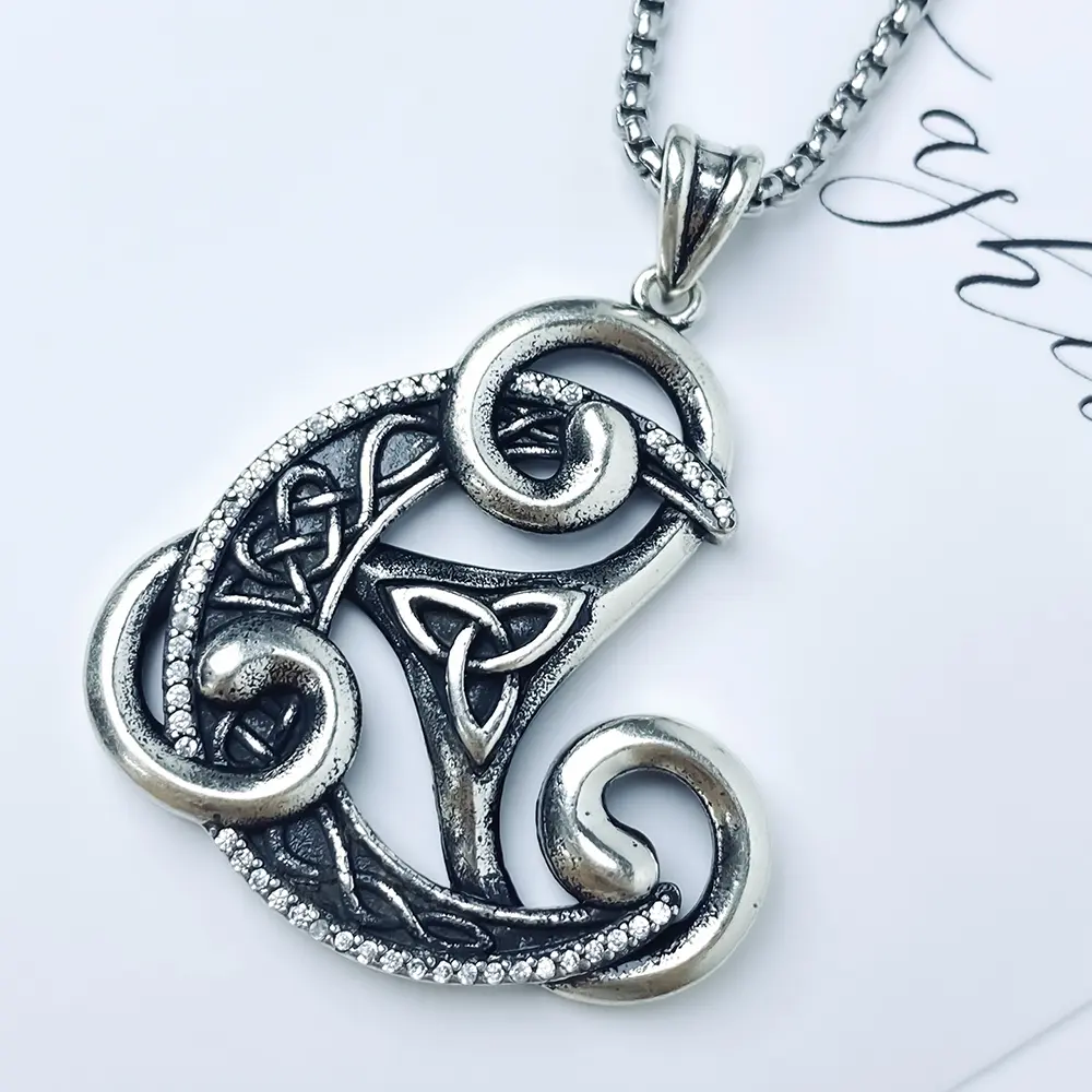 Vintage Celtic Triangle Pendant Necklace for Men, Copper Inlaid Zircon Amulet Jewelry