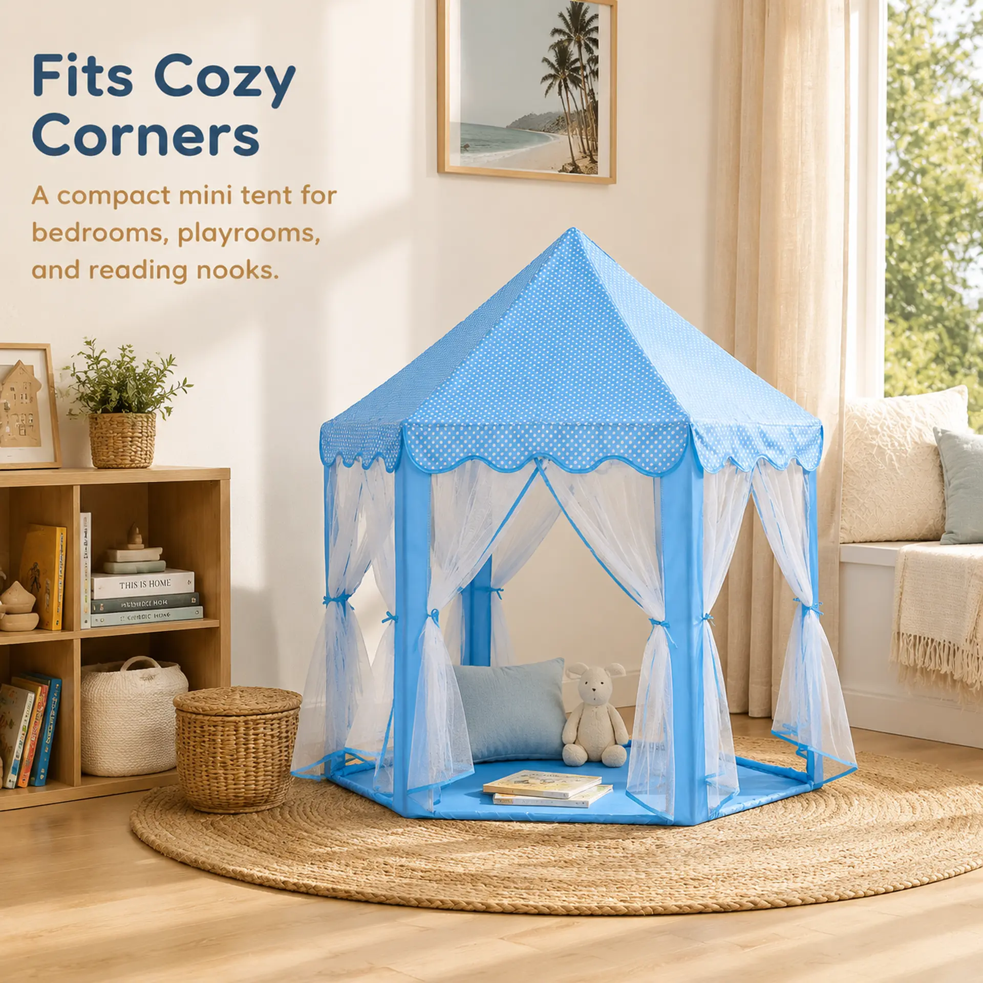 Apojungle Kids Blue Polka Dots PVC Princess Castle Playhouse Tent - Lightweight Mini Hexagon Tents & Tunnels with Breathable Curtains, Mesh, Durable Construction, Ideal for Toddlers, Bedrooms, Holiday, Party, Sports, No, Reading
