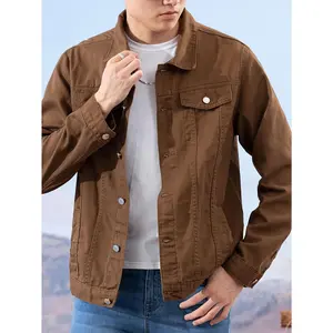 Men's Classic Brown Denim Jacket, Button-Up Lapel Collar Casual Coat with Side Pockets, Pure Cotton Woven Fabric, Long Sleeve Regular Fit for Spring and Fall Casual Attire, Everyday Jacket |   Buttonup Jacket |   Structured Design