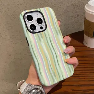 This durable, shock-absorbing, glossy 2-in-1 phone case features a green wavy stripe pattern and is compatible with iPhone 17, 16, 15, 14, 13, 12, 11, X, and Samsung models. It makes a great holiday gift for friends or family.