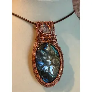 Flower carved Labradorite & Herkimer Diamond copper wire-wrapped pendant