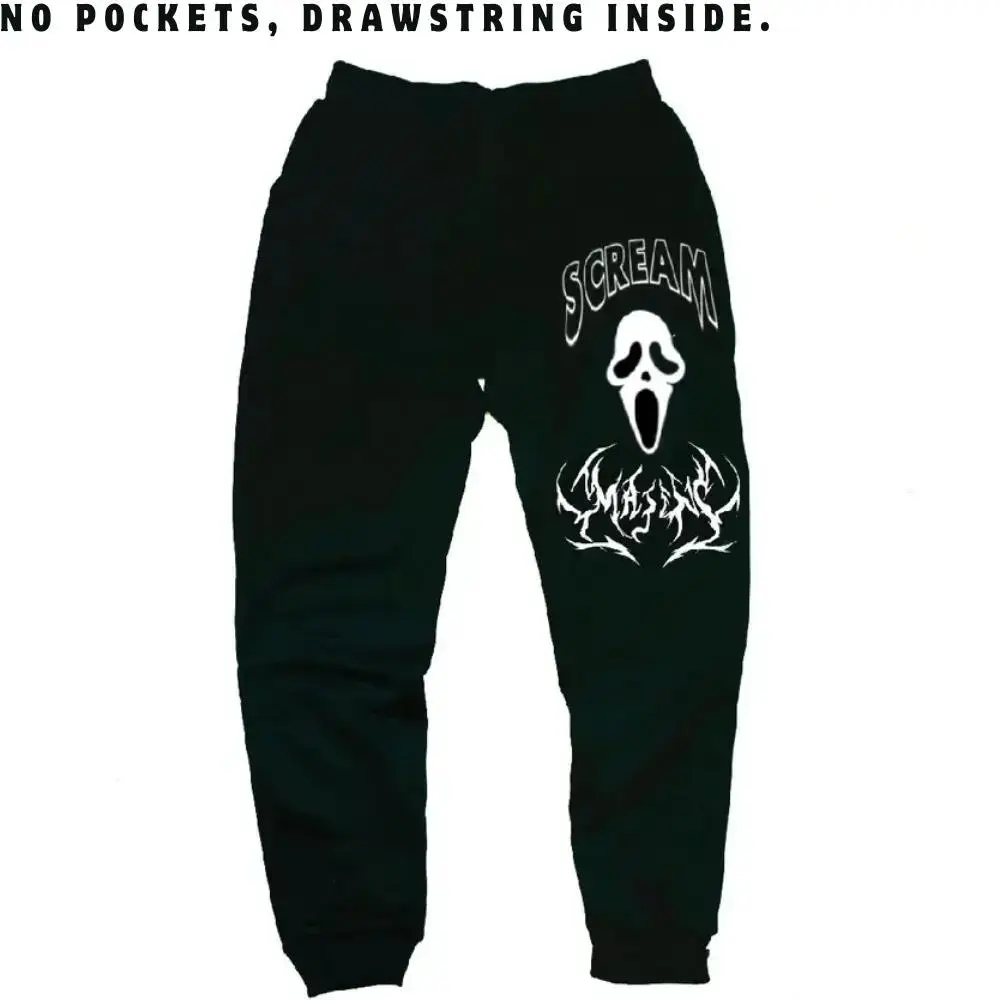 Ghostface Sweatpants, Scream 5 Horror Graphic Joggers, Halloween Scary Movie Pants, Unisex Black Streetwear for Men & Women, Killer Costume Vibe