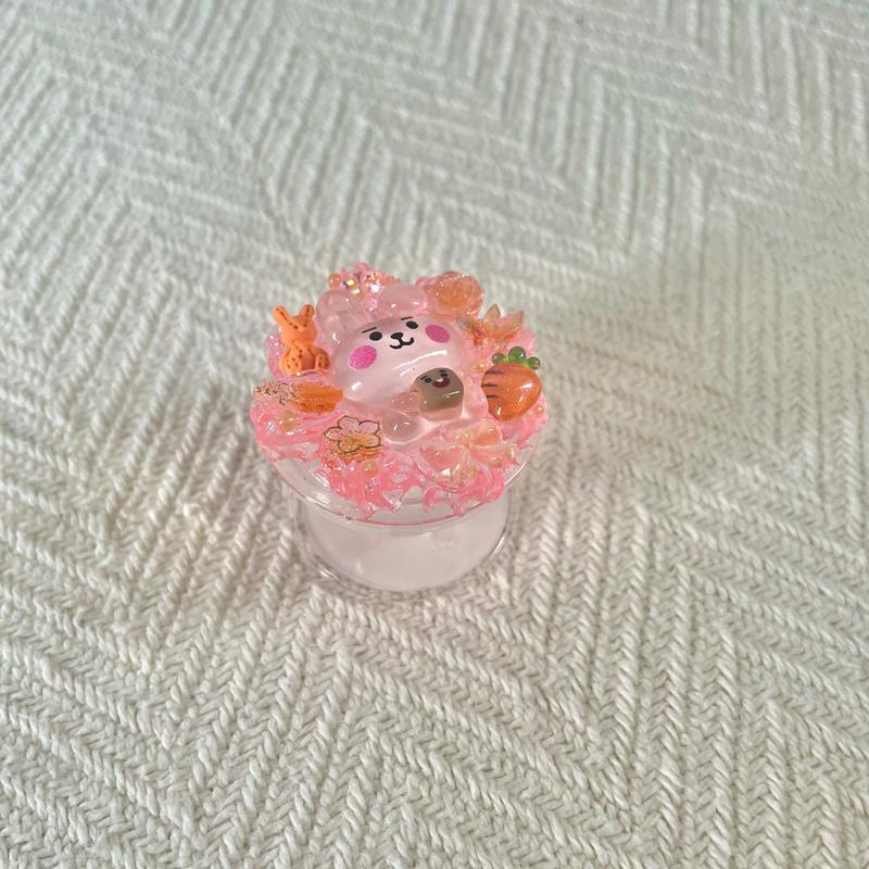 Handmade Decoden Pink Bunny Pop Socket K-pop Inspired Phone Grip Unique Design & Functional Stand for Smartphones Cellphones