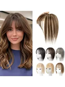 Real Human Hair Topper Extensions with Bangs Natural Looking Hair for Women Suitable for Baldness Coverage, Volume Increase, Straight Human Hair with Breathable Base (5x9cm), Easy Wear for Daily Use or for Hiding White Hair