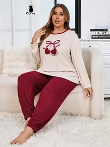 Plus Size Women's Knit Pajama Set, Sweet Casual Round Neck Long Sleeve Top & Pants, Fall Winter Loose Fit