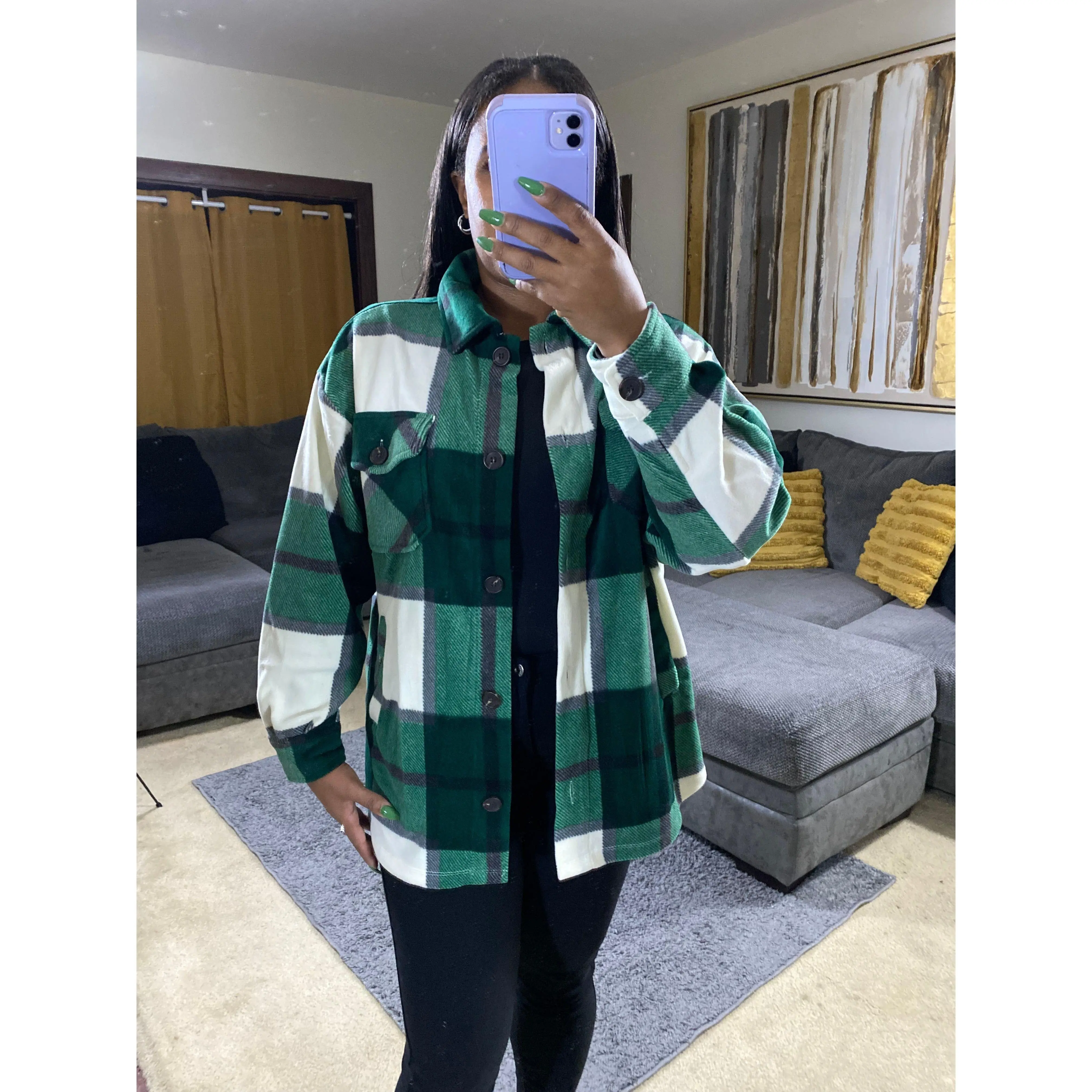 Women's Emerald & Cream Oversized Plaid Fleece Shacket