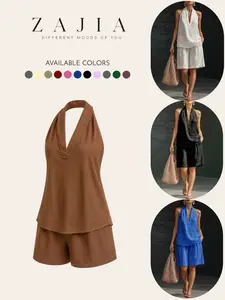 2026 New Arrival Women's Halter V Neck Sleeveless Casual Shorts Set, European & American Style, Trendy Summer