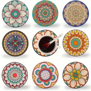 8 Bohemian coaster sets, wooden Round Coaster beverage coasters with colorful mandala patterns, suitable for home and party decoration, protecting tabletops, suitable for cups and mugs up to 10 centimeters, Tableware