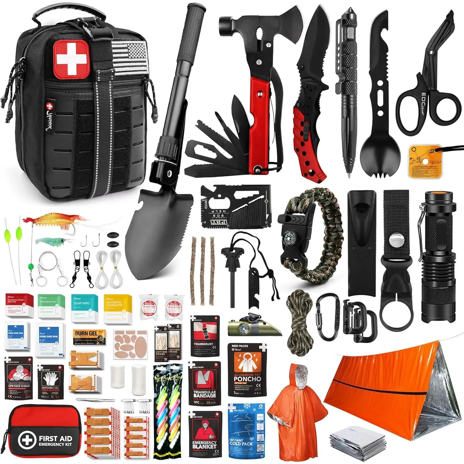 Military-Style Nylon Outdoor Survival Gear Kit - 190-Pcs Emergency Survival Tool, Tactical Equipment, Medical Supplies, Molle Pouch, Portable Prepper Gear, Camping Accessory, Car Safety Item, Father’s Day Gift, Portable Survival