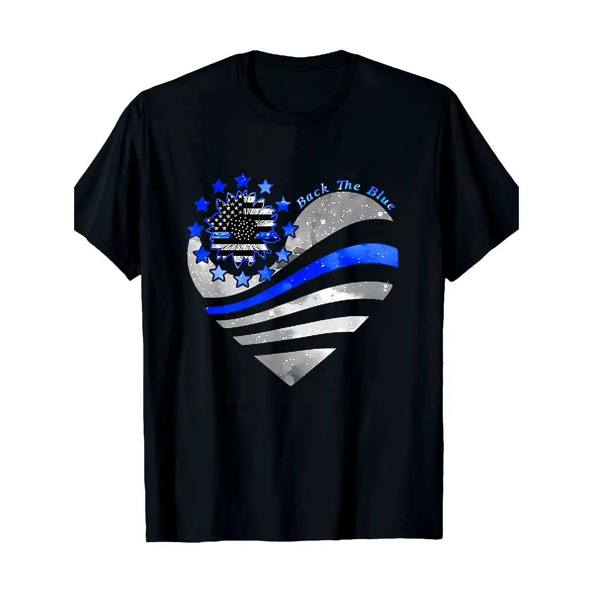 [100% Cotton] 100% Cotton Men's & Women's Thin Blue Line Police T-Shirt - Back The Blue Graphic, 100% 180g Short Sleeve Crew Neck Casual Tee, S-3XL Sizes for Daily Wear, Fitness, Gifts for Police Officers - Sunflower & Police Heart Design