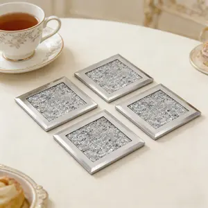 4 Pack Silver Crushed Diamond Coasters, Bling Crystal Glass Cup Mats, Non-Slip Glitter Drink Coasters for Coffee Table, Bar, Kitchen, Tableware, Home Decor