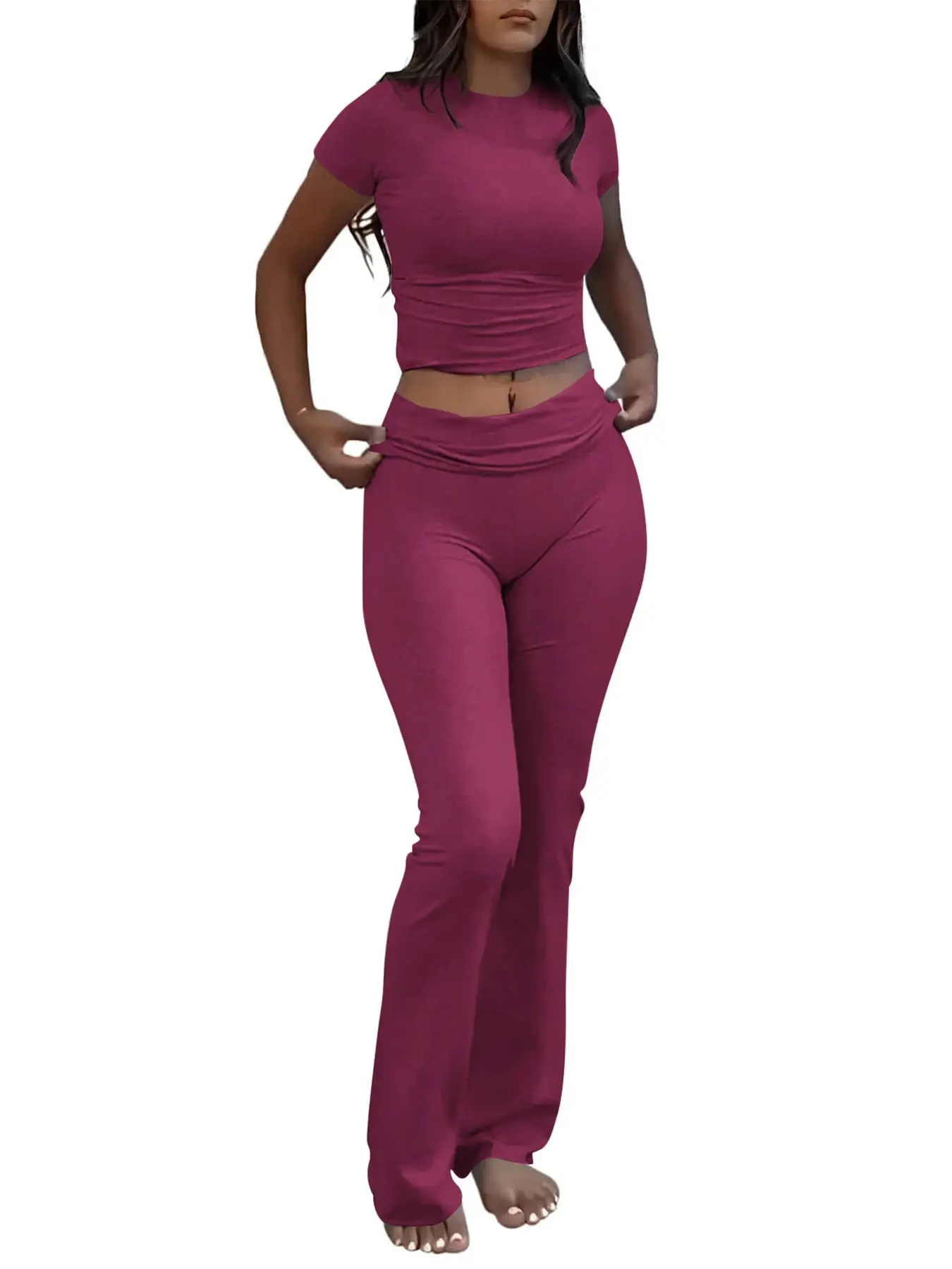Casual sportswear Two Piece tracksuit for Women Short Sleeve Crop High Waist Fold-over Flare Pants Sets Streetwear