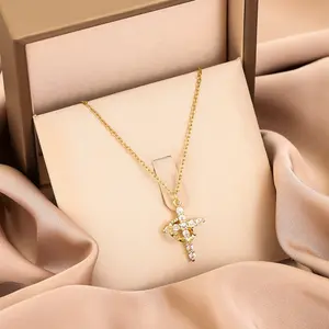 Dainty Cross Pendant Necklace for Women & Men – Rotated Crown Design with Cubic Zirconia Crystals, Elegant Christian Jewelry Gift, Adjustable 16-18 Inch Chain