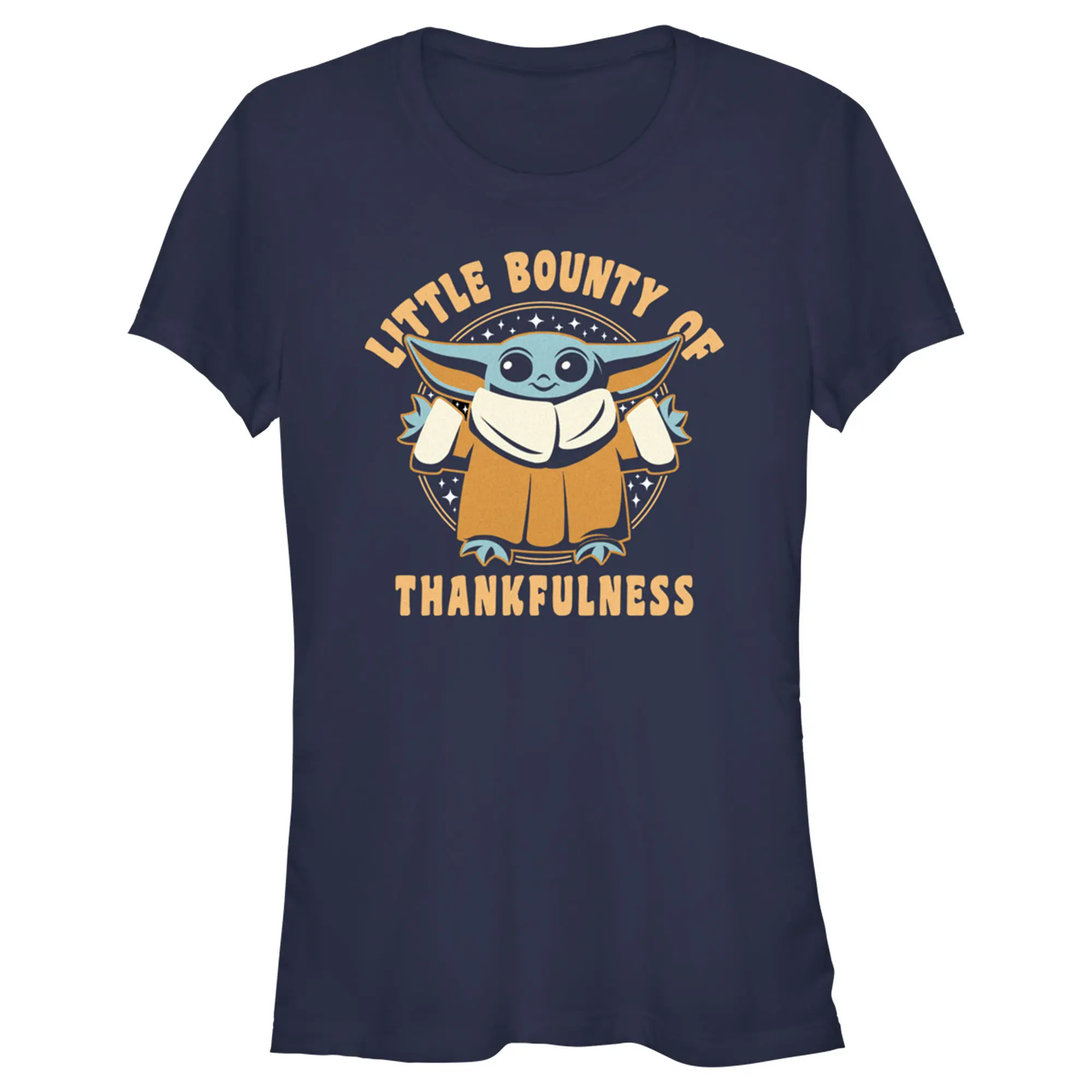 Juniors Womens Star Wars: The Mandalorian Grogu Little Bounty of Thankfulness T-Shirt