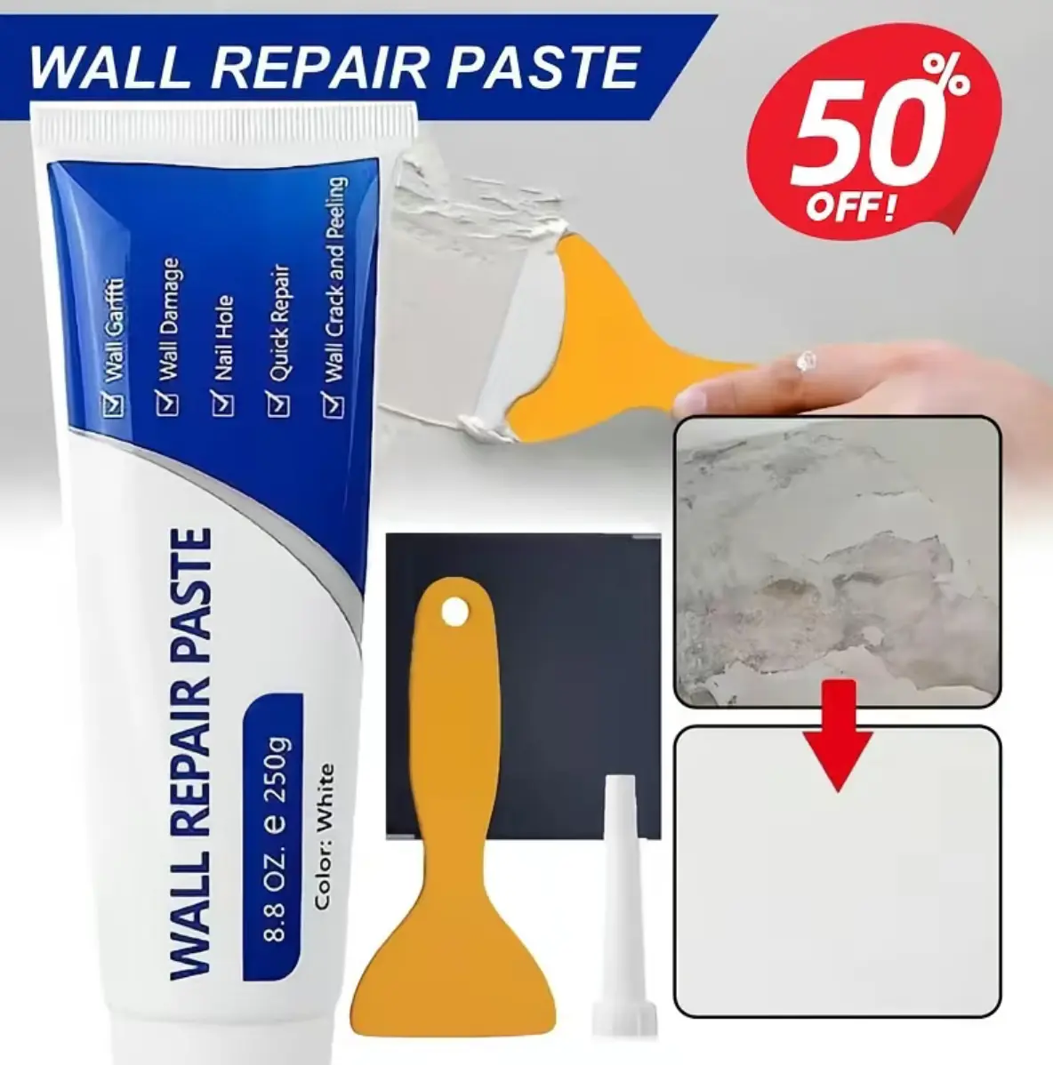 250g Drywall Patch Repair Kit - Quick-Drying Wall Mending Paste, Waterproof Self-Adhesive Filler for Wall Fixing, Crack & Concrete Repair