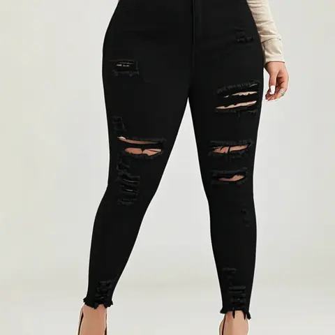 High Waist Casual Distressed Ripped Denim Jeans, Stretchy Plus Size Skinny Fit Pants, Casual Fashion for Women, Comfortable Daily Wear, Womenswear