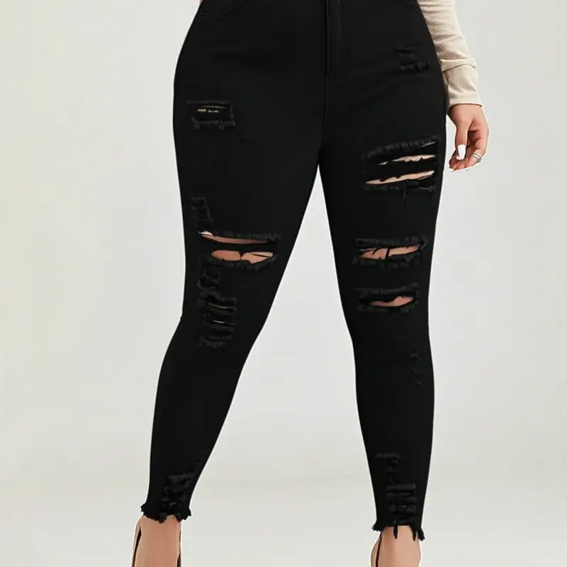 High Waist Casual Distressed Ripped Denim Jeans, Stretchy Plus Size Skinny Fit Pants, Casual Fashion for Women, Comfortable Daily Wear, Womenswear