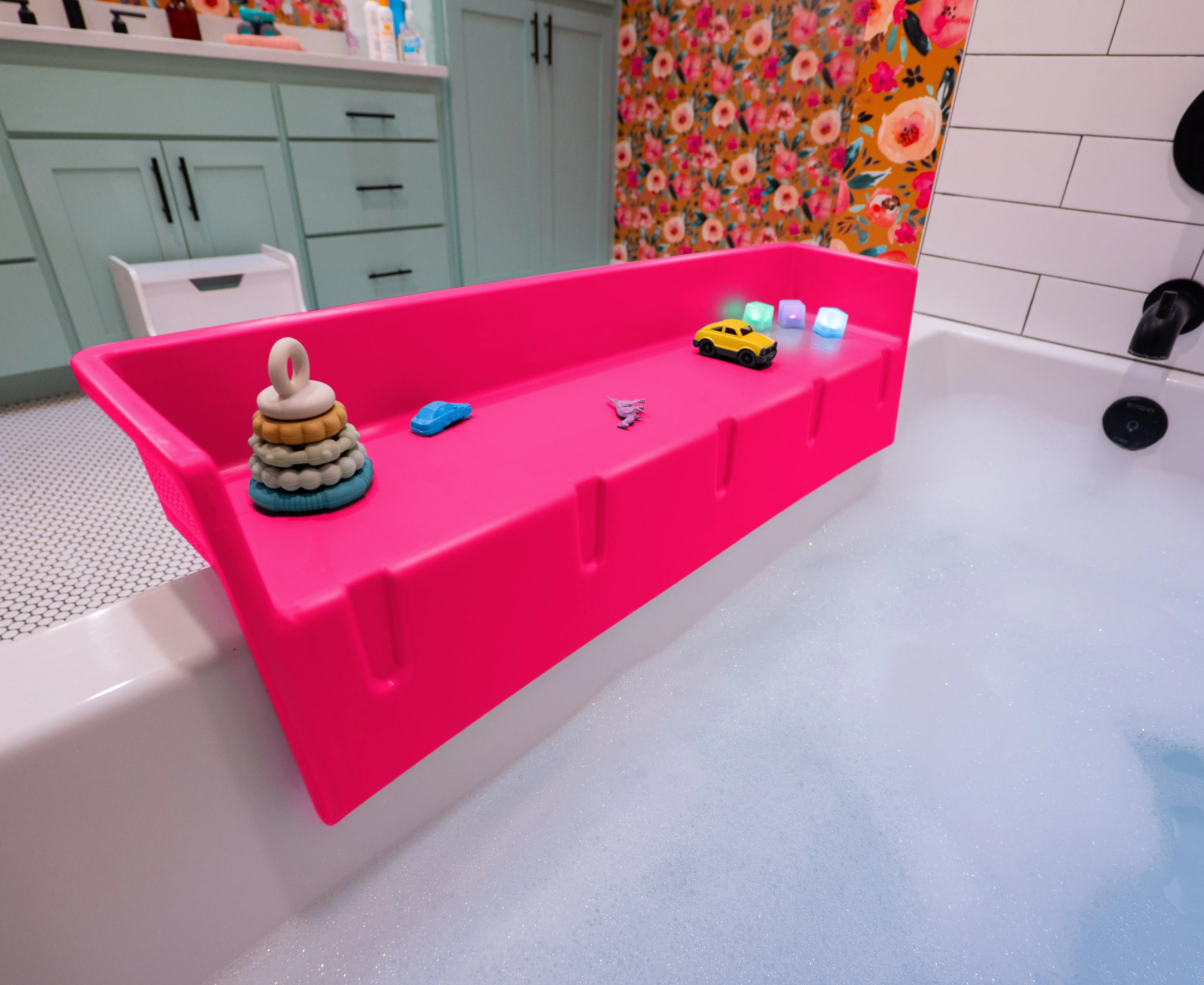 Tub Topper Bathtub Splash Guard for Kids & Toddlers - Tub Tray Shelf for Bath Toys - Pink - Full Sized