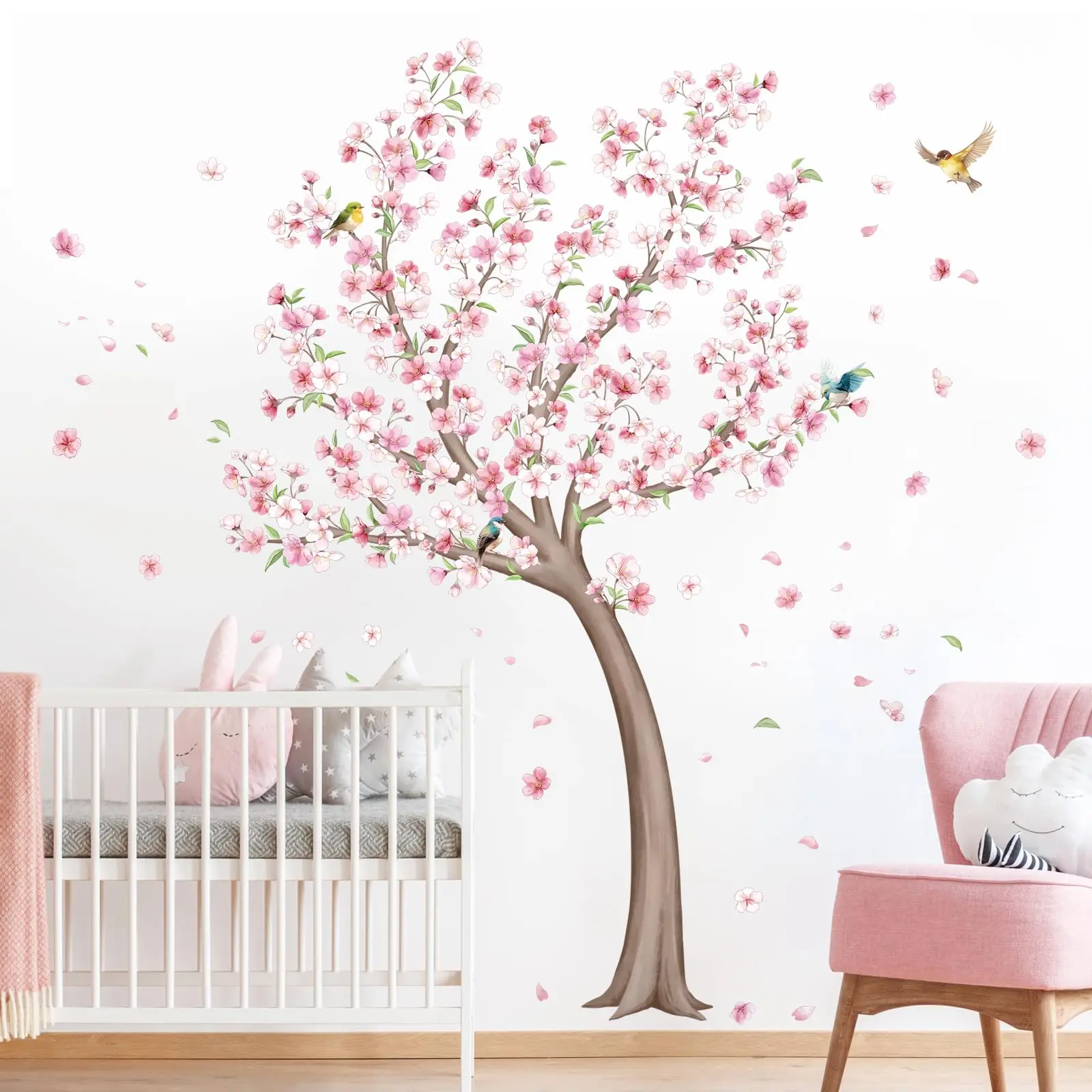 Cherry Blossom Wall Decals  Large Spring Pink Flower Trees Branch Stickers Floral Birds Art Decor Gifts For Mom Bedroom Living Room Hall Kitchen (h 66.1in X W 58.6in)