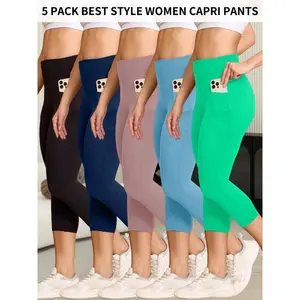 5 Pack 5" High Waisted capri pants For Women With Pockets, Super Soft Tummy Control No See Through Workout Running Yoga Athletic Leggings  Delicacy