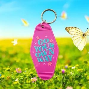 Go Your Own Way Retro Motel Keychain in Acrylic Pink Block Letters Teal Cursive Rainbow Design for Keys Beach Bag or Me