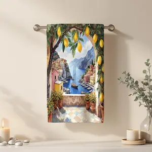 1Pc Watercolor Archway with Lemons and Coastal View Bathroom Hand Towel Bath Towel, Multiple Size Microfiber Towel, Ultra-Soft Quick Dry and Absorbent Polyester Large Bath Towel, Unique Home Decorative Kitchen Towels