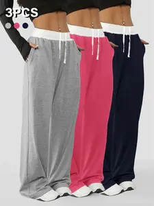 3-Pack Women's Autumn-Winter Loose-Fit Pants - High-Waisted Color-Block Drawstring Straight-Leg Casual Comfy Sweatpants, Comfortable & Versatile for Sports and Daily Wear, Colorblock Sweatpants